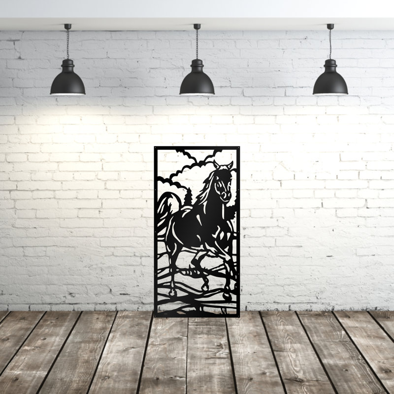 Panneau d'intimité en aluminium découpé au laser avec cheval de course - art mural extérieur thermolaqué en métal, cloison de clôture décorative