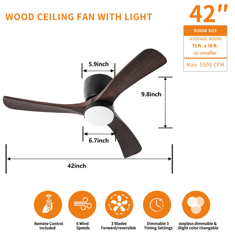Ventilateur de plafond en bois massif avec plafonnier encastré, moteur à courant continu, Mauve foncé, Mauve foncé