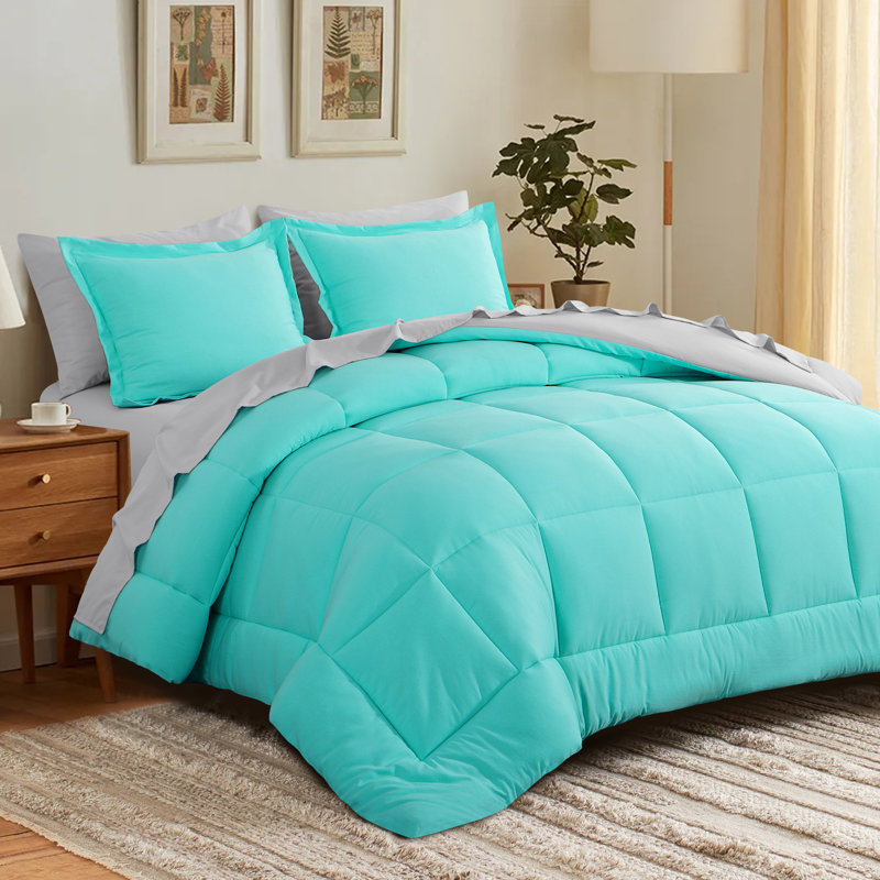 5/7 Piece Microfiber Bed-In-A-Bag Comforter Set , Full Comforter + 6 Additional Pieces, Turquoise/Light Gray