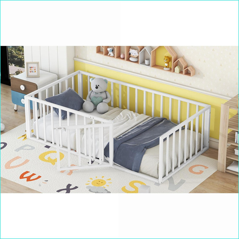 Twin Size Metal Floor Bed Frame with Safety Fence &amp; Door, White – No Slats Needed, Twin, White