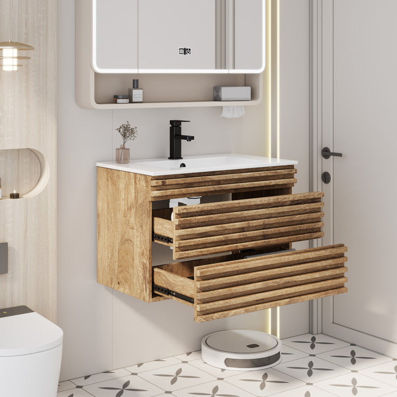  30" Wall Mounted Single Bathroom Vanity Set with Sink Top, Faucet and Drain Included, Oak