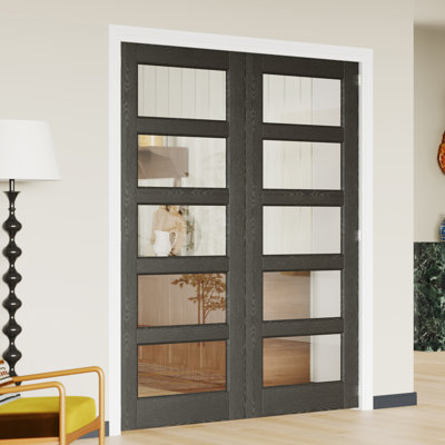 Interior Double Door Set with Matching Frame – 5 Lite Clear Glass MDF Interior Panrty Doors 