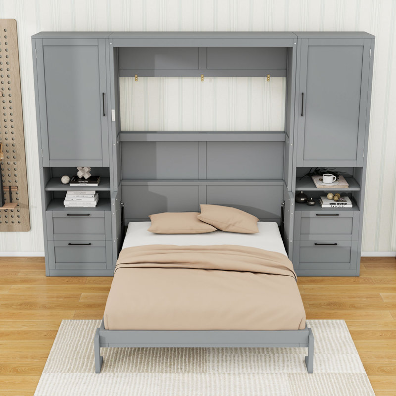 Lit escamotable 4 tiroirs en bois avec placard et tablettes, Gris