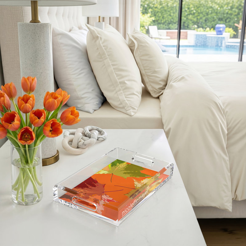 Plateau décoratif rectangulaire feuilles d'automne en acrylique, L 12,5 po x P 7,75 po x H 2 po, Orange
