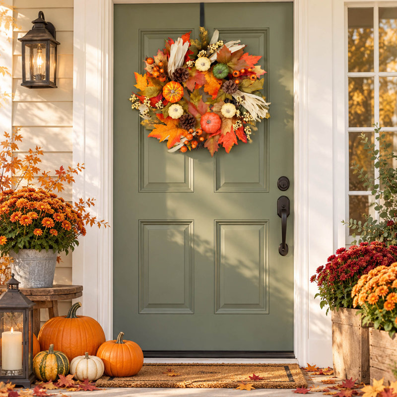 Couronne d'automne en érable avec citrouilles et érable de 61 cm (24 po) et porte d'entrée