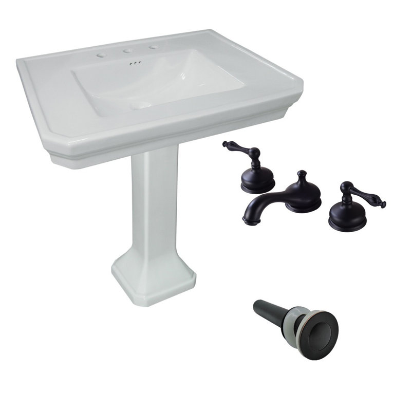 White Large Vitreous Victorian Pedestal Sink with Widespread Black Belle Faucet & Drain, Black
