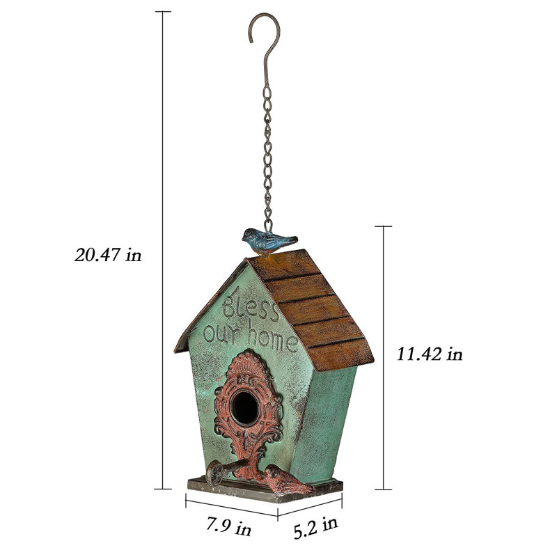 Green Distressed Metal Hanging Birdhouse with Cast Iron Birds