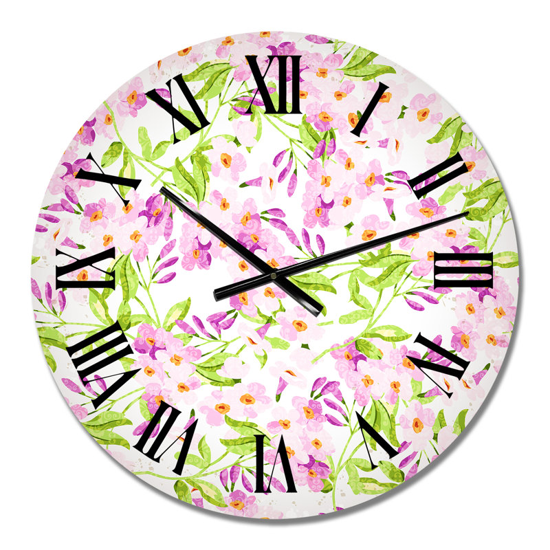 Horloge murale à motif de fleurs roses rétro avec feuilles vertes, Petit