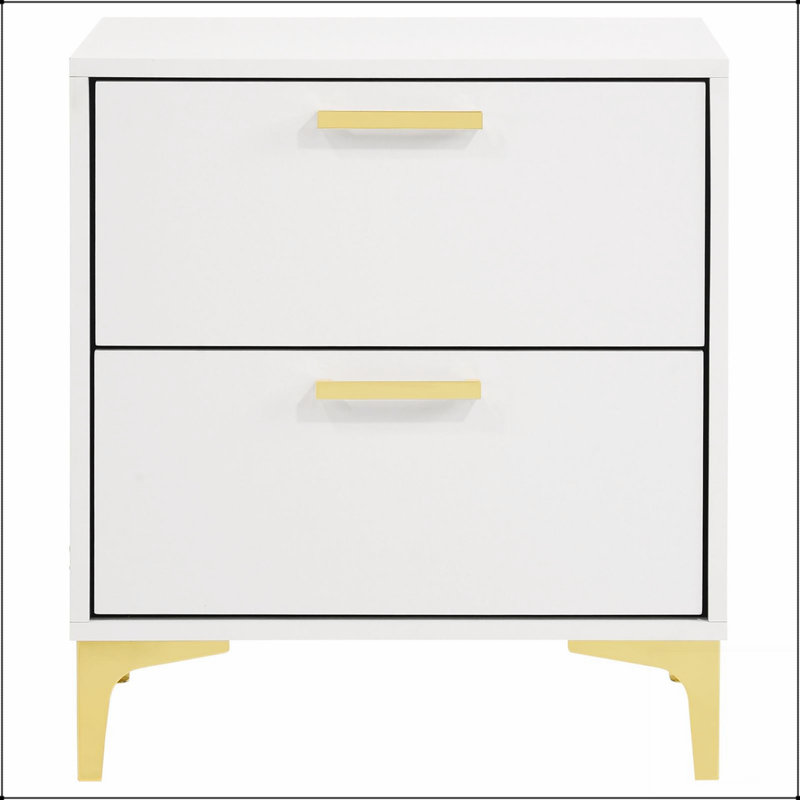 Table de chevet luxueuse blanche et dorée avec 2 tiroirs spacieux, parfaite pour les chambres à coucher de style Mid-Century moderne