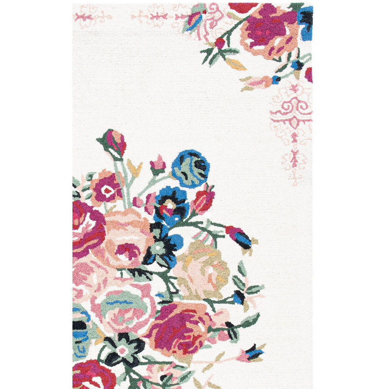 Tapis floral rose / rouge / ivoire en laine / coton touffeté à la main Delmarie, Rectangle 9 pi x 12 pi