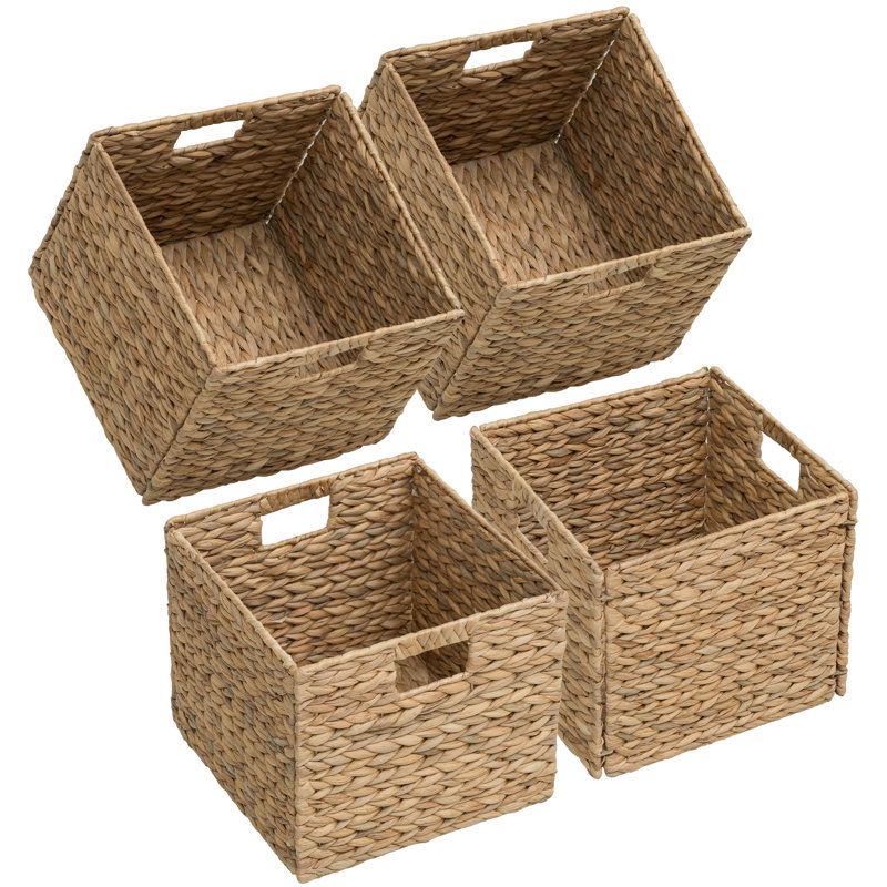 11" W x 11" D Square Natural Water Hyacinth Hand Woven Rattan Wicker Storage Basket Set with Iron Wire Frame (Set of 4), 4