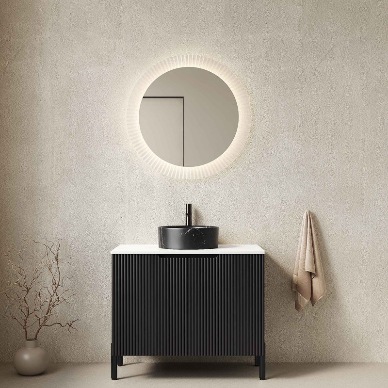 Meuble-lavabo de salle de bain 30 po avec lavabo, meuble de rangement autoportant avec lavabo rond en céramique à 2 portes avec motif en pierre et comptoir en pierre frittée, sans robinet