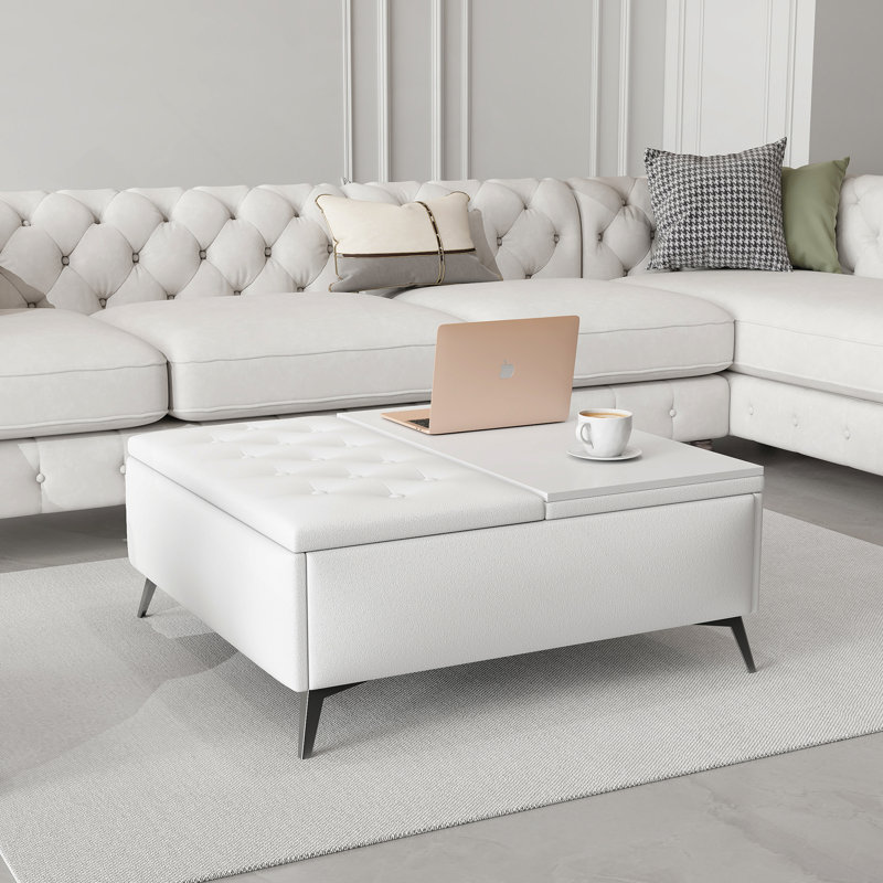 Table basse avec banc de rangement carré de 35 pouces de large avec repose-pieds de rangement surdimensionné, Blanc
