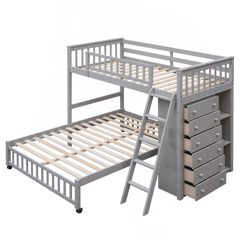 Lit superposé simple au-dessus d'un lit double en bois avec six tiroirs et tablettes flexibles, lit inférieur à roulettes, gris