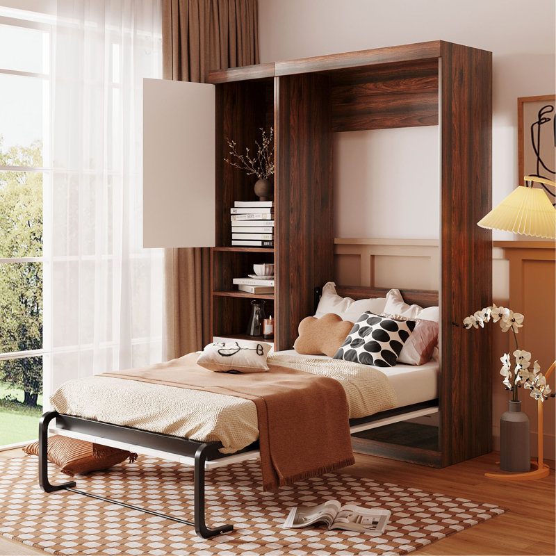 Lit escamotable simple avec armoire de rangement, lit escamotable escamotable, cadre de lit en bois peu encombrant, blanc