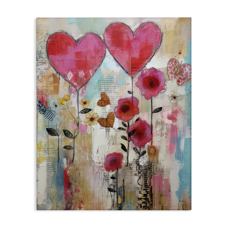 Art mural sur toile "Whimsical Hearts & Garden" par LSR Design Studio, H 30 po x l 24 po