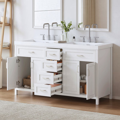 Meuble-lavabo double 59,1 po avec plateau en résine, poignées en métal argenté, portes et tiroirs à fermeture en douceur, 4 tiroirs centraux et 2 armoires à double porte, blanc