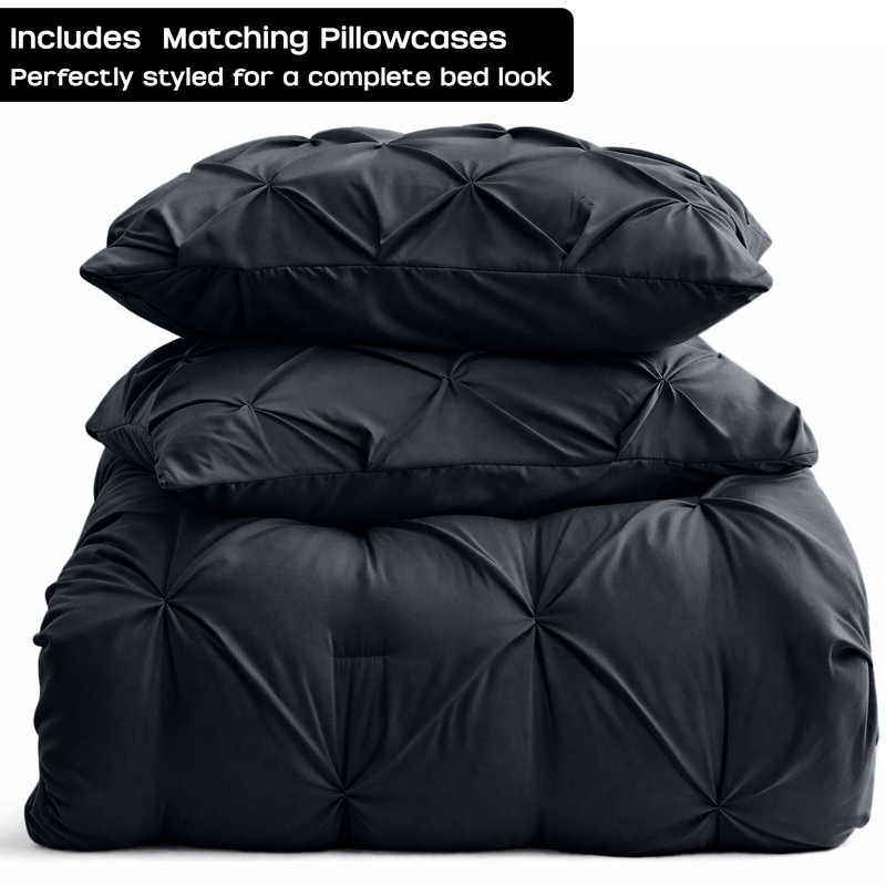 Pintuck Duvet Cover Set with Pillowcases – Soft Microfiber, Textured Quilt Cover, All-Season Comfort, Black, Super King