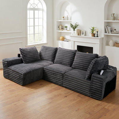 No Assembly Required Compression Boneless Sofa Deep Seat Modular Couch for Living Room Bedroom 114.2" Corduroy  Sectional Sofa With Charging Station & Cup Holders