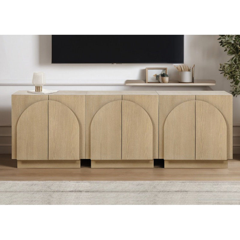 Buffet en chêne de style moderne Mid-Century, avec des coins arqués et des tablettes de rangement, une armoire de salon transformable pour la chambre, une couleur, des tablettes de portes