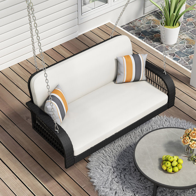 Banc suspendu en osier PE 2 places avec chaînes PE, Beige / noir
