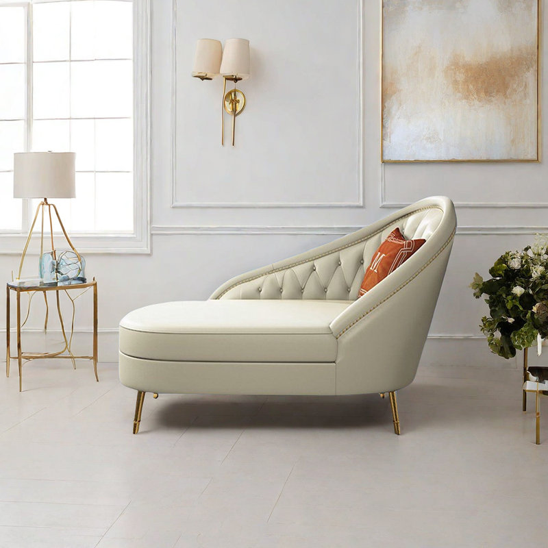 Chaise longue inclinable rembourrée en cuir massif et structure en bois massif, Accoudoir à gauche (vu de face), Beige