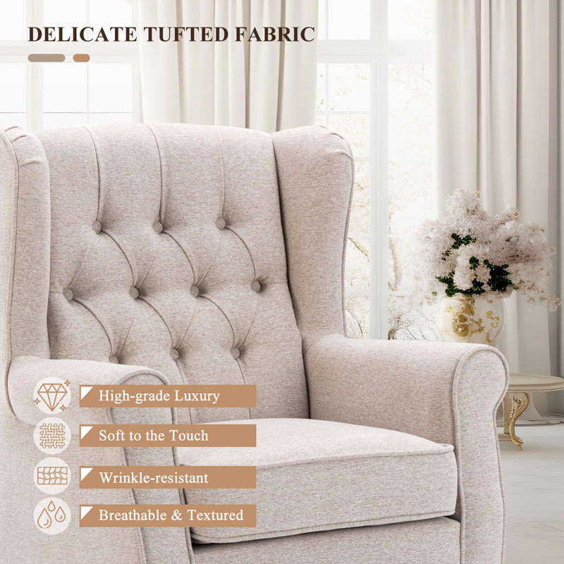 Araiah Upholstered Fabric Wingback Chair, Beige Polyester, Brown