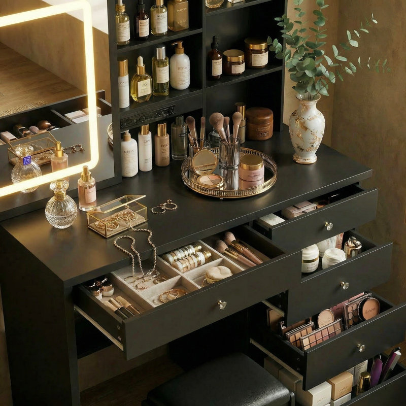 Ensemble de meuble-lavabo 39,4 po avec tabouret et miroir Nafni, Noir
