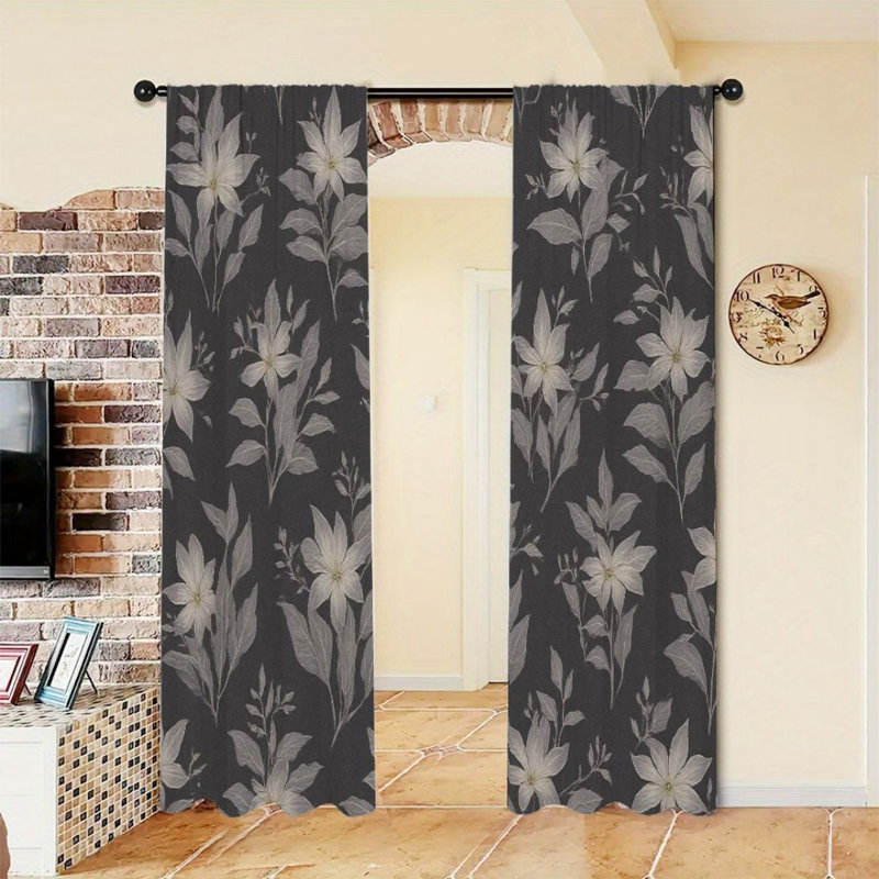 2Pcs Elegant Floral Curtains, Grey and White Botanical Pattern, Rod Pocket Light Filtering, Vintage Chic Style, All-Season For Living Room Bedroom Window Decor