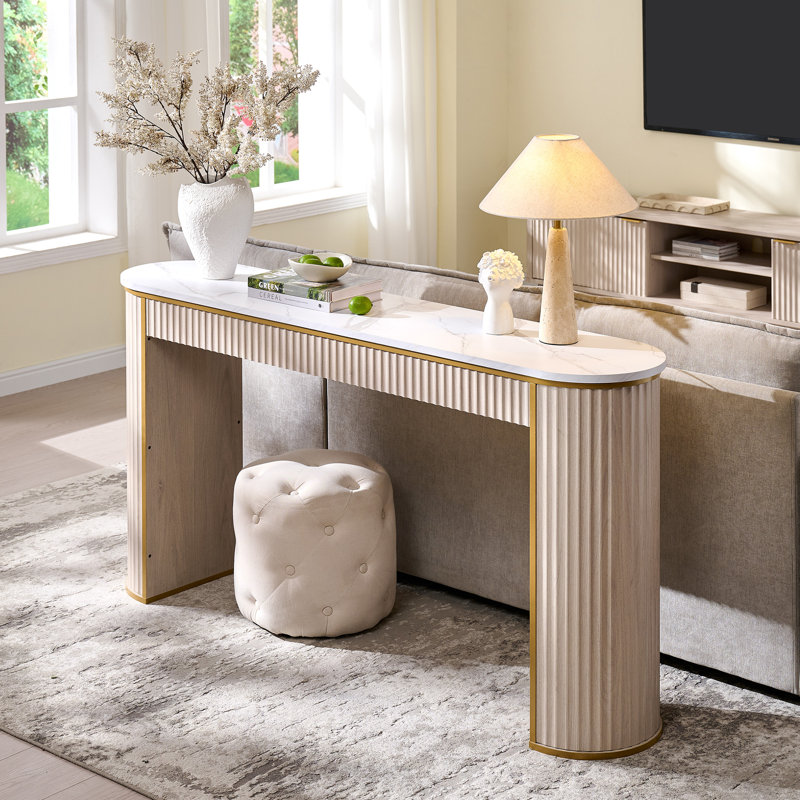 63" Modern Fluted Console Table, Narrow Entryway & Sofa Table With Marble-Pattern Top For Living Room Hallway Foyer