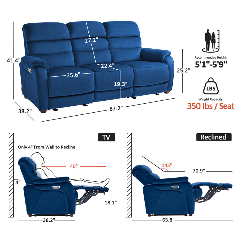 Power Reclining Sofa with Drop Down Table, Touch light, 3-Seat Recliner Couch with Adjustable Headrest, Navy Blue