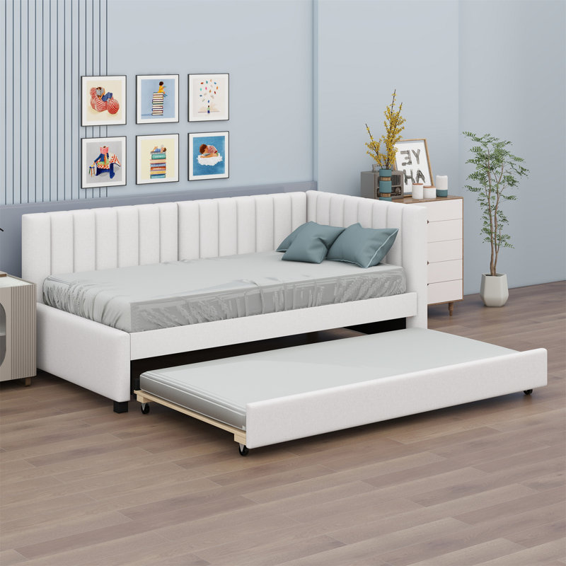 Upholstered Daybed With Trundle, Beige