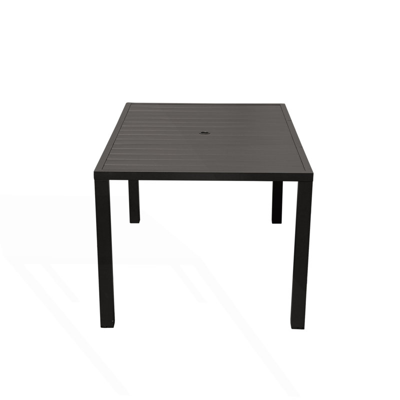 Outdoor Dining Table, Square Slatted Metal Patio Table With Umbrella Hole, Modern Table