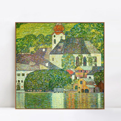 Framed Canvas Giclee Print Village by Gustav Klimt Wall Art for Living Room Home Office Decorations(Wood Colour Slim Frame,16"x16")