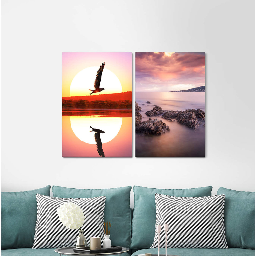 2-tlg. Leinwandbilder-Set - Fotografie „Eagle Sun Flying Mountains Lake Sea Sunset”