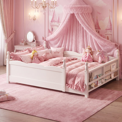CPC Certified Full Montessori Floor Bed, Full-Length Guardrails, Side Bookshelf, White Kids Bedroom Bed Frame