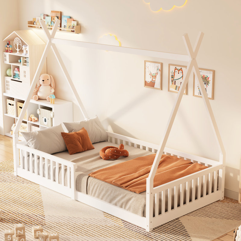 Twin Size House Bed With White Fence - Solid Pine Wood For A Stylish Bedroom Guardrail Safe Environment, White