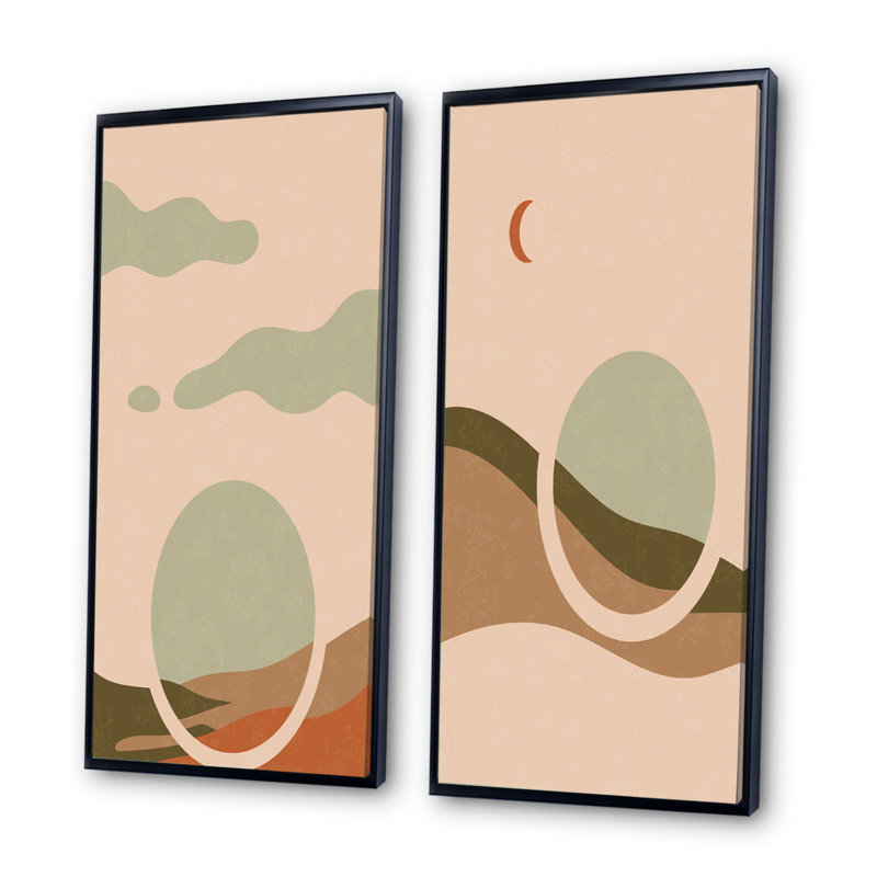 «Retro Sunrise Landscape with Moon I», ensemble de 2 impressions, H 20 po x l 24 po x P 1 po, Toile avec cadre noir