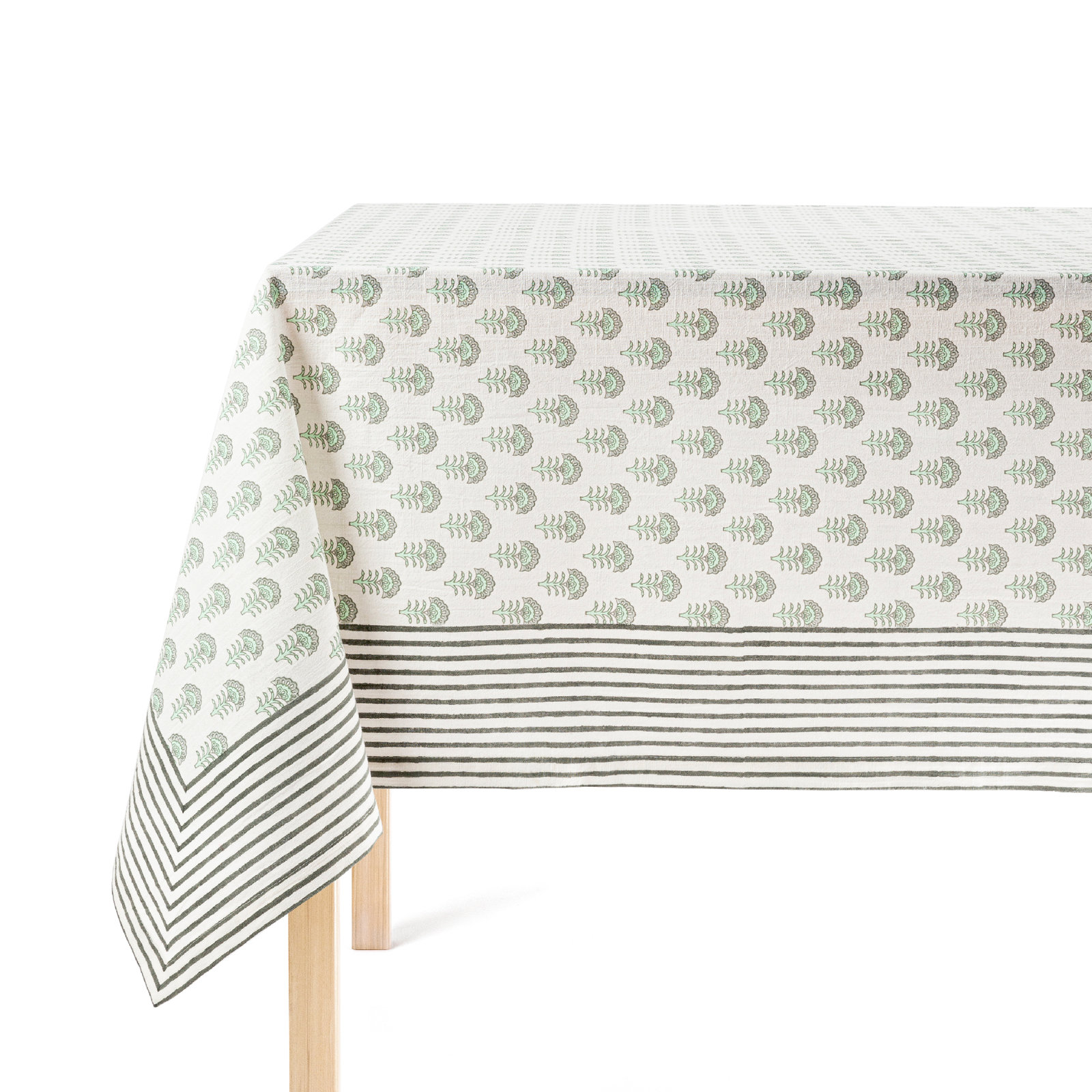 over&back Hand-Blocked Tablecloth, 70" W x 90" L, Green Flower