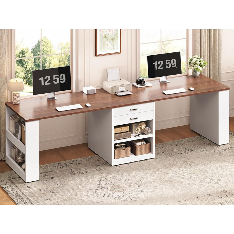 Bureau d'ordinateur 90,5 "pour 2 personnes, bureau long avec tiroirs de rangement, Brun / Blanc