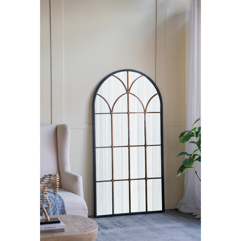 Miroir arqué pleine longueur 34 po x 65,5 po avec motif de vitre noir et doré