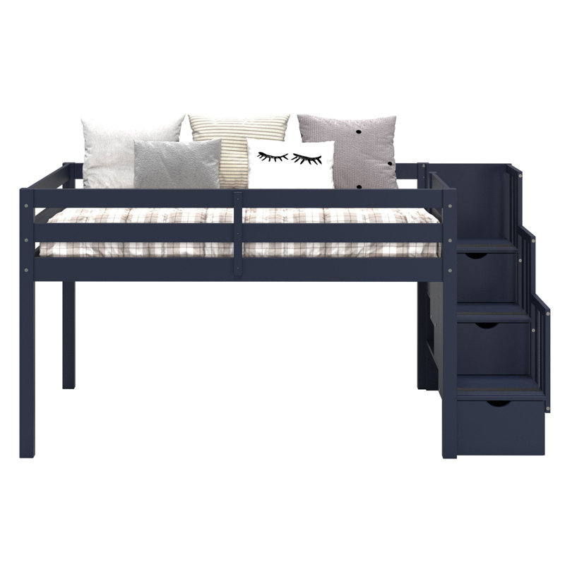 Johannes Solid Wood Twin Low Loft Bed with 3 Step-Stairway, Blue