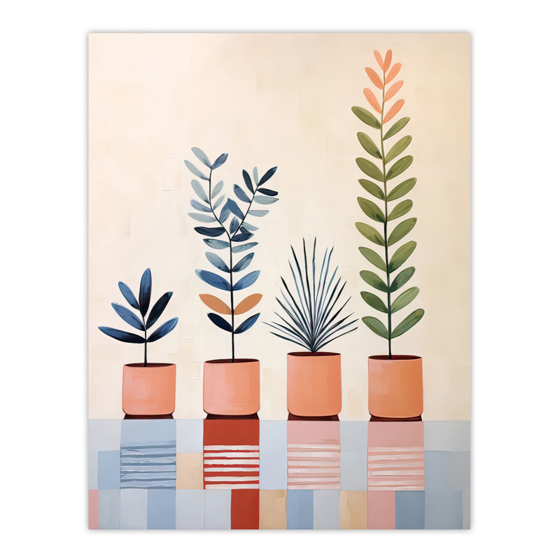 Wall Art Print Row of Leafy Potted Plants Pastel Colour Botanical Oil Painting Poster