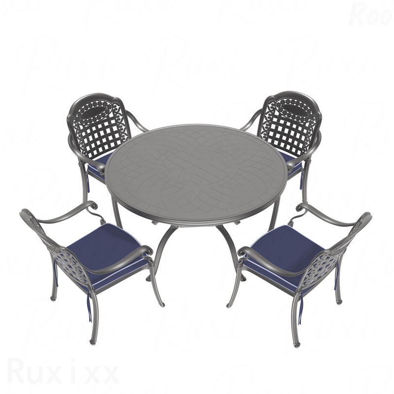 5-Piece Set Of Cast Aluminum Patio Furniture With Black Frame And Blue Seat Cushions, 5 Pieces: Table, 4 Chairs