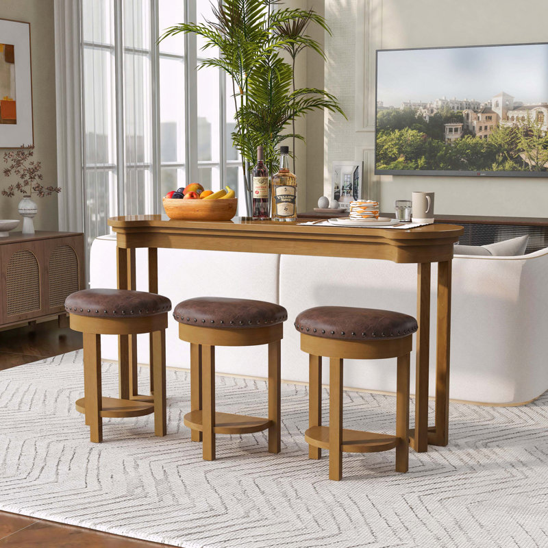 4 Piece Bar Table Set PU Upholstered Bar Stools Padded Stools Solid Wood Counter Height Dining Table Set Rounded Corners Footrest Shelf Non-Slip Feet Stable Safe Floor Protection