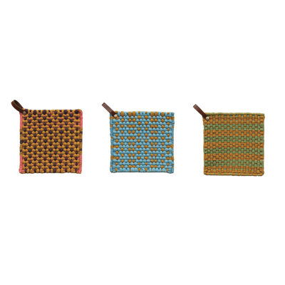 Multi-Tone Cotton Crocheted Pot Holder With Leather Loop