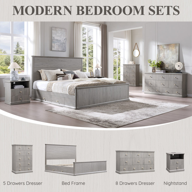 Commode 8 tiroirs pour chambre Abarca, Gris, 8