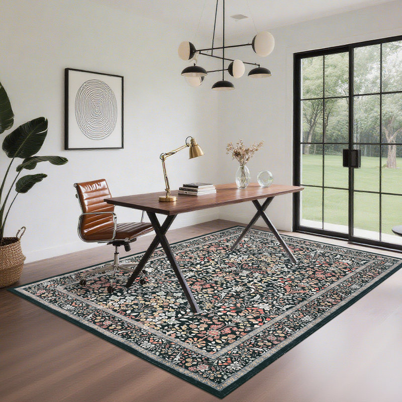 Floral Area Rugs for Living Room Washable Rugs Non Slip Boho Dining Room Carpet Vintage Botanical Print Low Pile Soft Carpet for Office Nursery Farmhouse