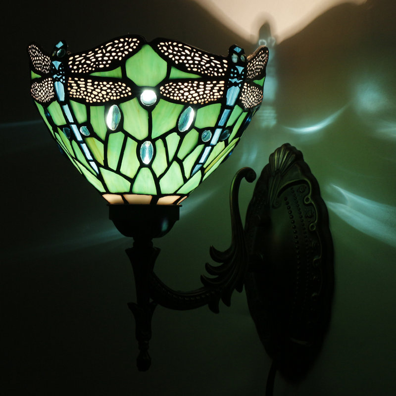 Tiffany Wall Sconce Lamp Stained Glass 8X10.5X11 Inch Plug in Wall Bedside Light for Hallway Bedroom (Green Dragonfly Style)