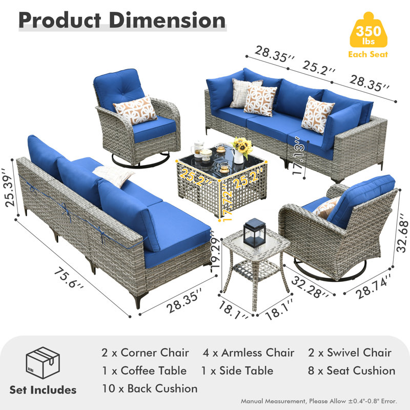 Rattan Outdoor Sofa 11-piece Set With Fire Pit, Navy, No